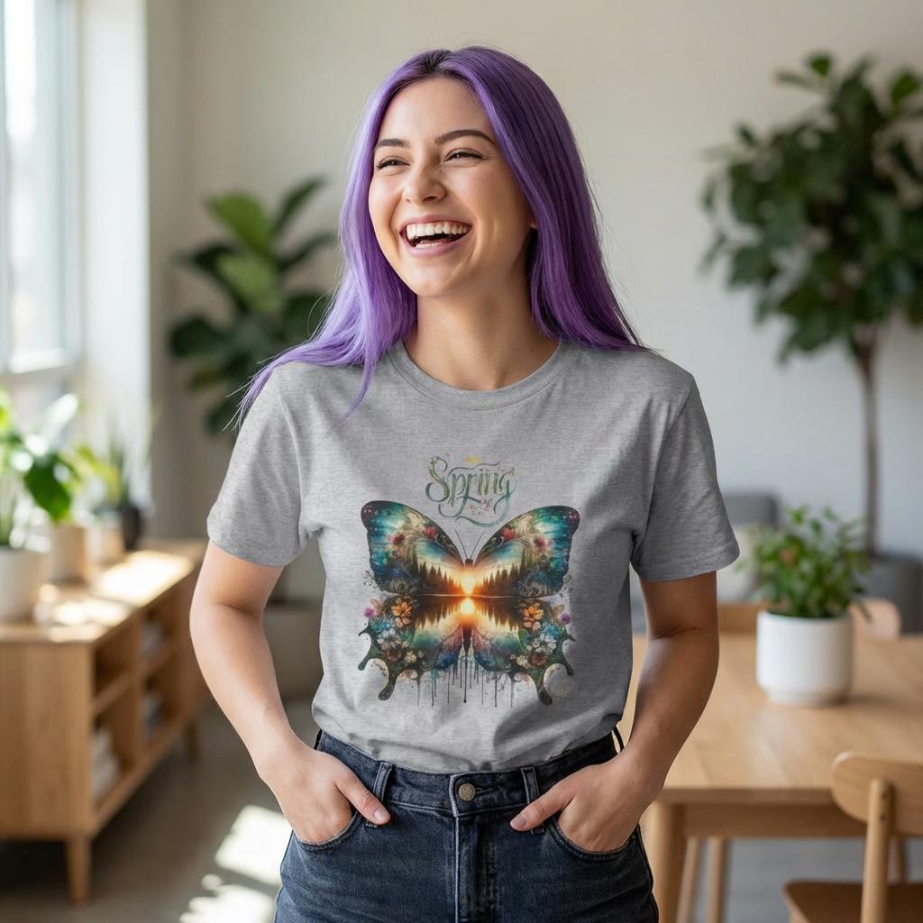 SC: Butterfly Spring T-Shirt â€” Colorful Sunrise Nature Tee — front view | Hidden Horizon Apparel